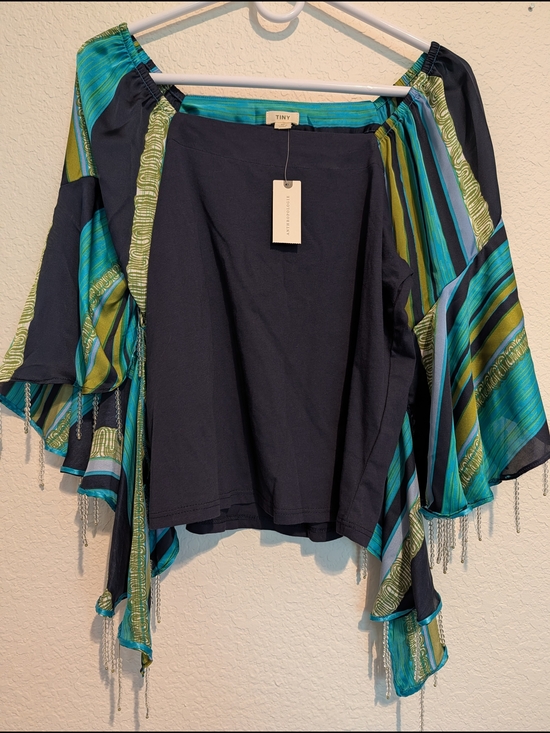Anthropologie Tops - Anthropologie Navy Knit Top with Teal & Lime Striped Trim